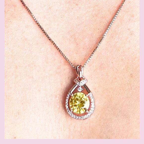 Sterling Silver 18k Rose Gold Plated Necklace with Yellow Zirconia Stone - Picture 2 of 7